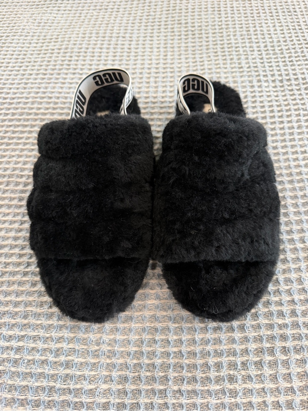 UGG Black Plush Slide with Branded Heel Strap